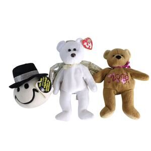 3 Vtg Year 2000 Plush Beanie Baby Halo II Bear Happy Face Giggle Ball Mary Meyer